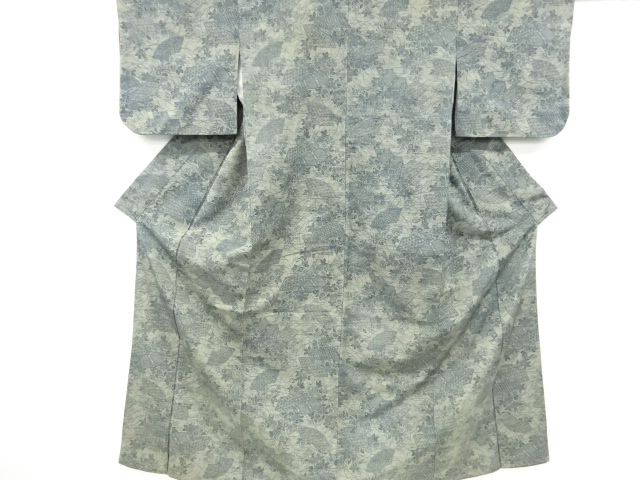 アンティーク　菊に地紙・古典柄模様手織り節紬着物